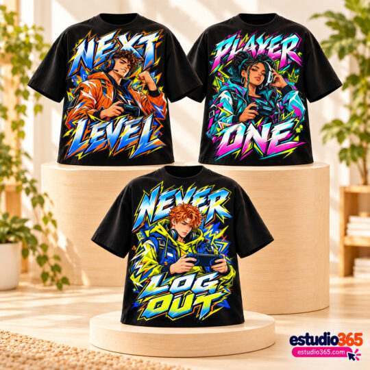 Mockup Camisetas Gamer Level Up – 10 diseños PNG