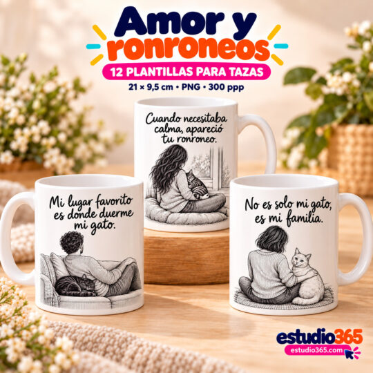 Mockup Pack de 12 plantillas para tazas – Amor y ronroneos